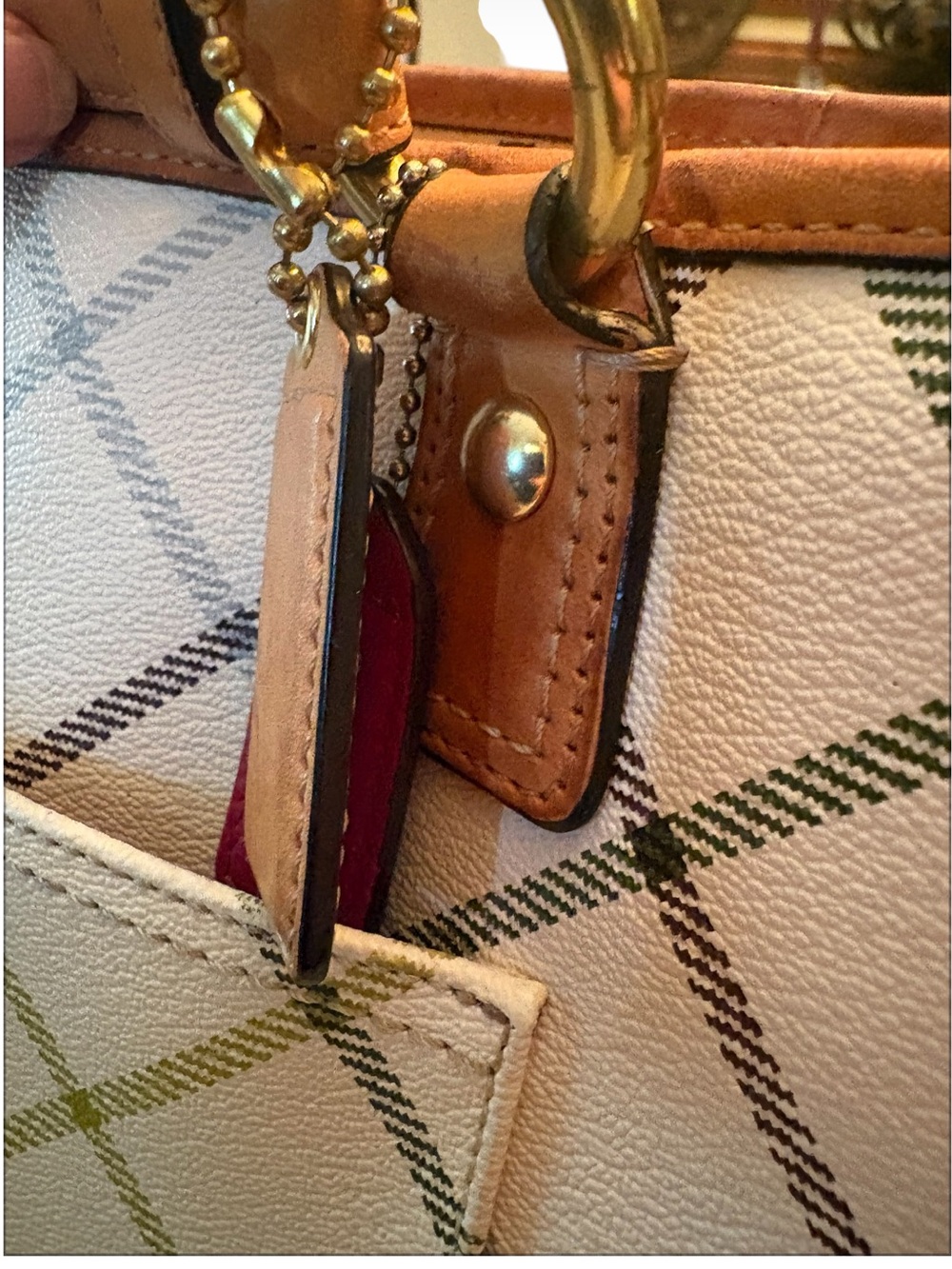 Coach Peyton Tattersall Leather Beige Plaid Pattered Logo Tote F21863 - Picture 7 of 14